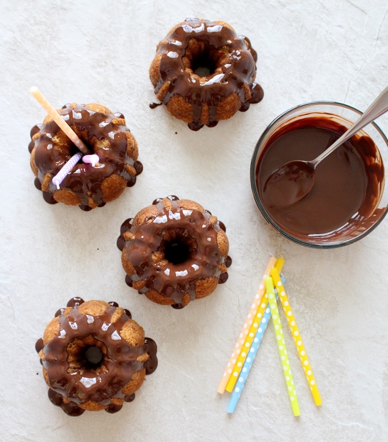 Almond Coconut Mini Bundt Cakes with Chocolate Glaze