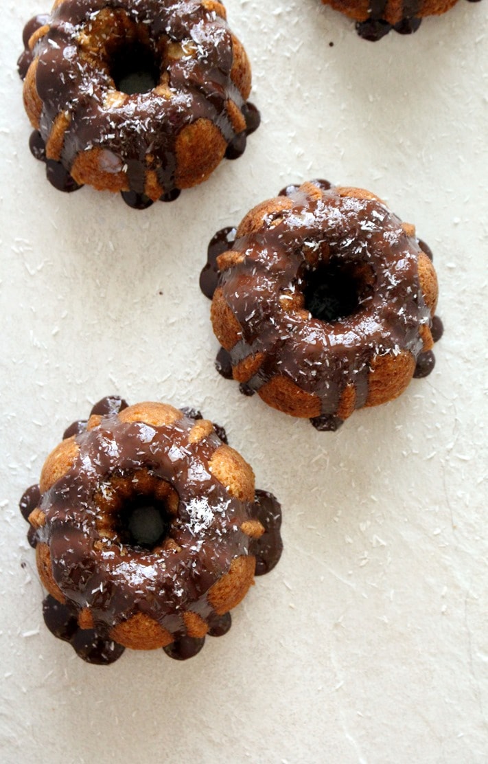 Almond Coconut Mini Bundt Cakes with Chocolate Glaze