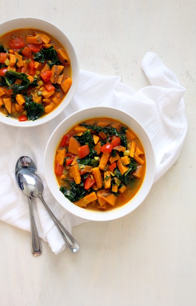 Coconut curry sweet potato and kale soup