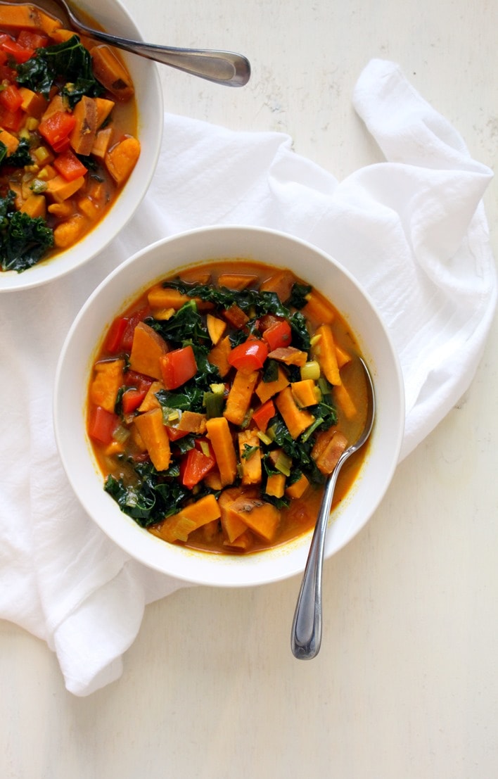 Coconut curry sweet potato and kale soup