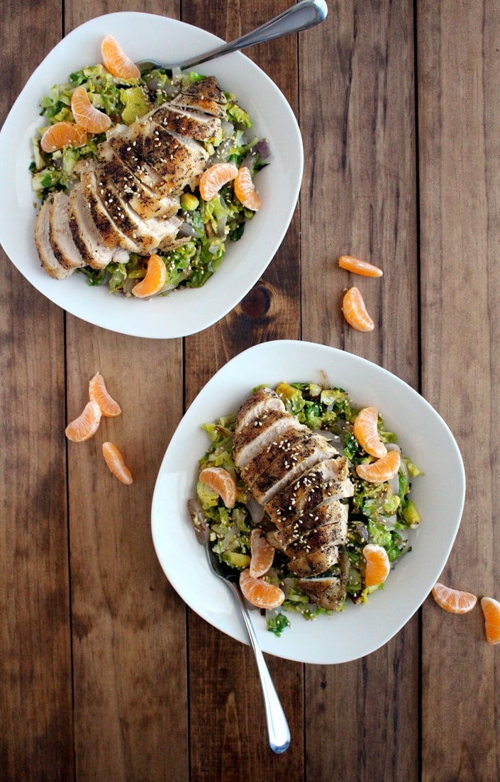Warm Brussels Sprout Chopped Salad with Oranges + Grilled Chicken