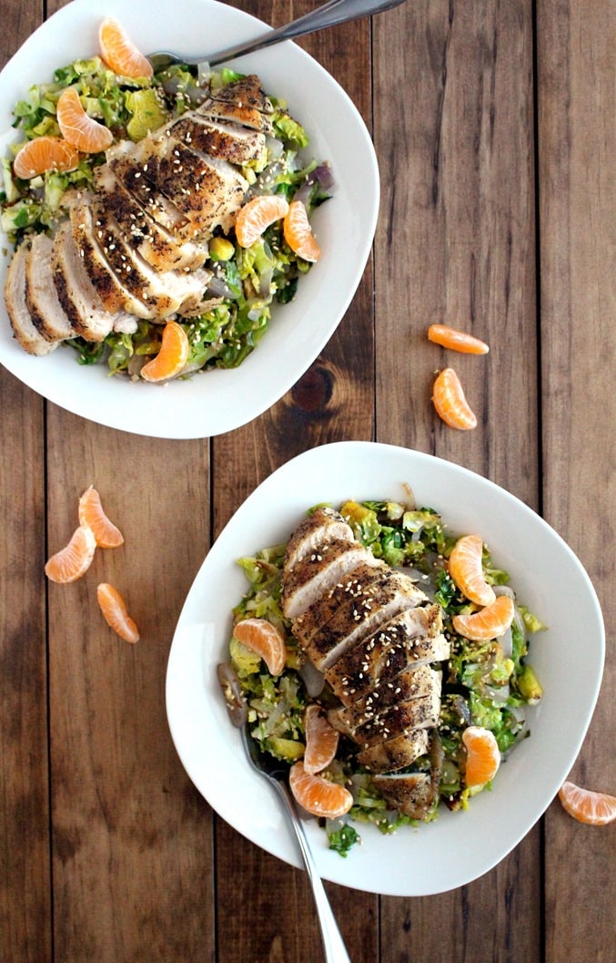 Warm Brussels Sprout Chopped Salad with Oranges + Grilled Chicken