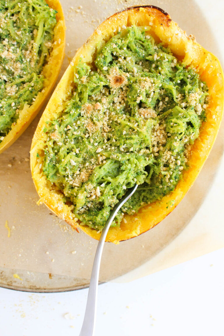 Spaghetti Squash Boats with Kale Pesto & Vegan Parmesan