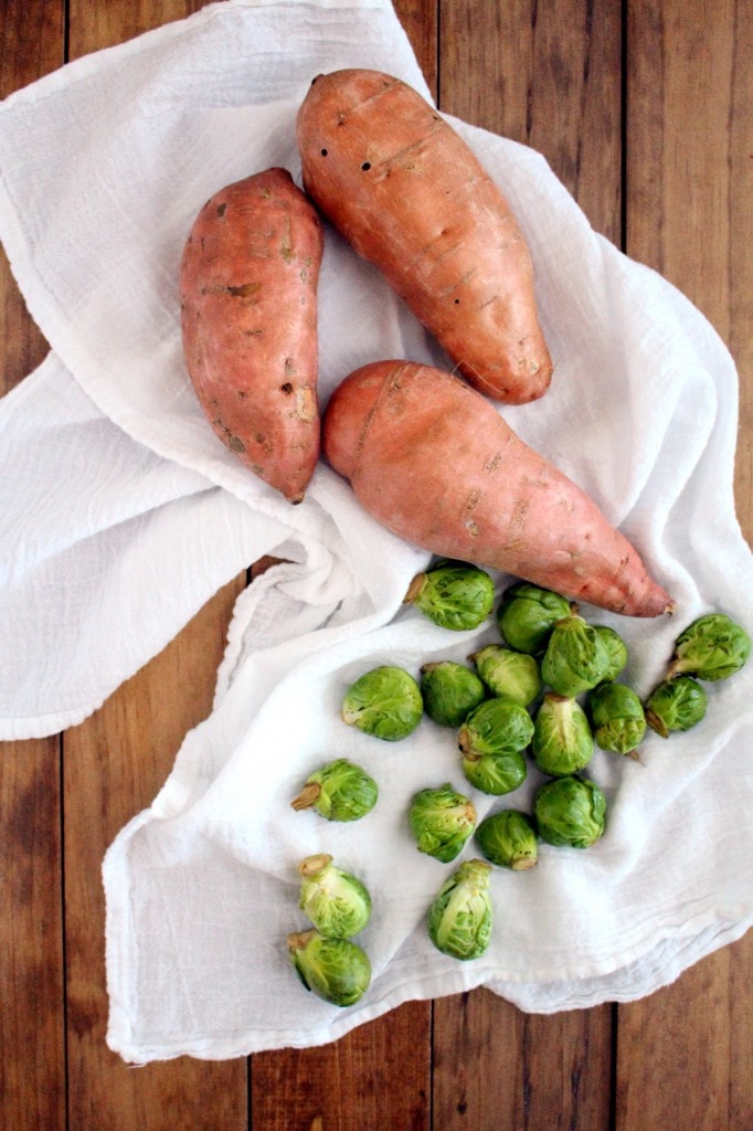 Sweet Potato Puree with Shrimp and Brussels