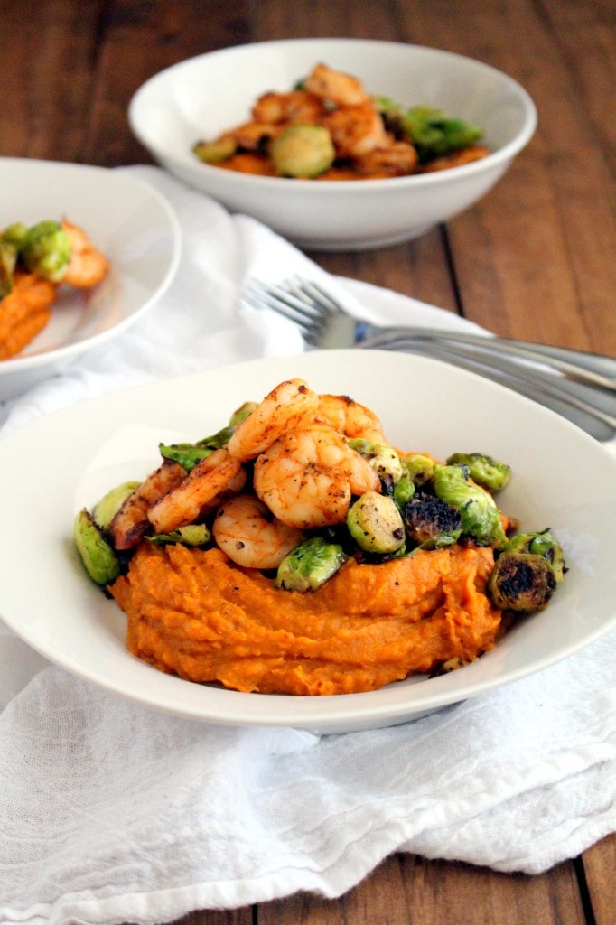 Sweet Potato Puree with Sauteed Shrimp & Brussels