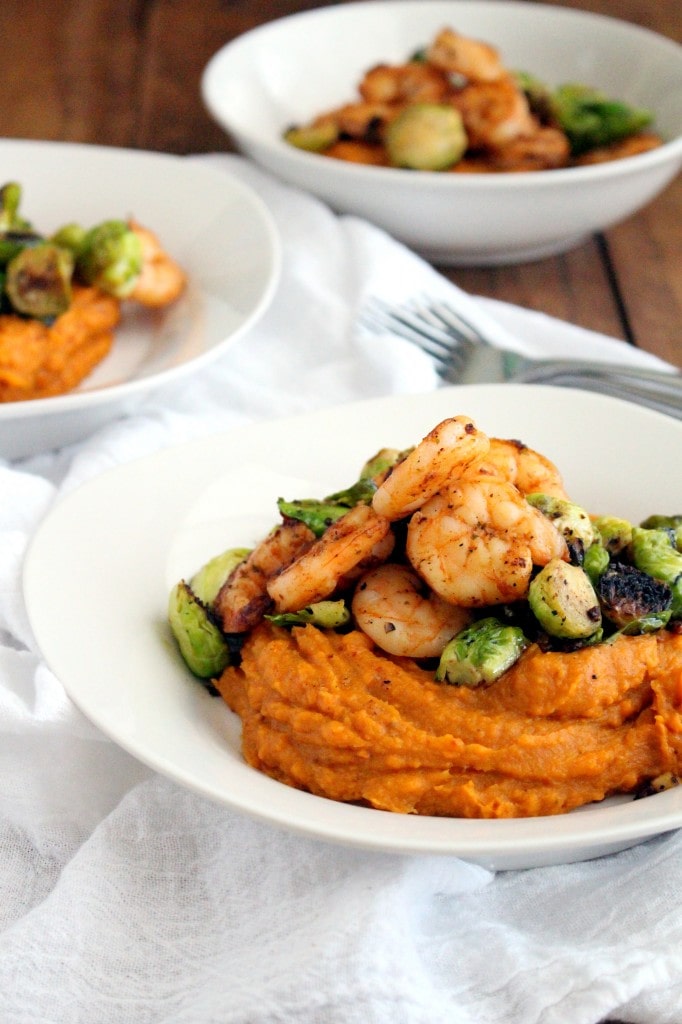Sweet Potato Puree with Shrimp and Brussels