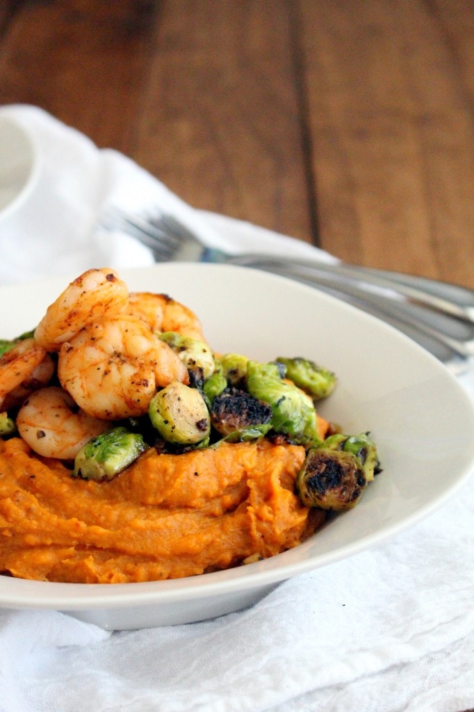 Sweet Potato Puree with Shrimp and Brussels