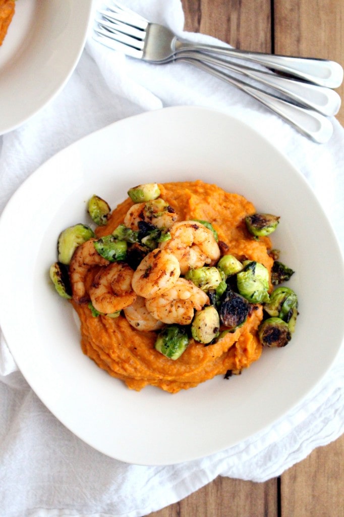 Sweet Potato Puree with Shrimp and Brussels