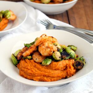 sweet potato puree with shrimp and brussels
