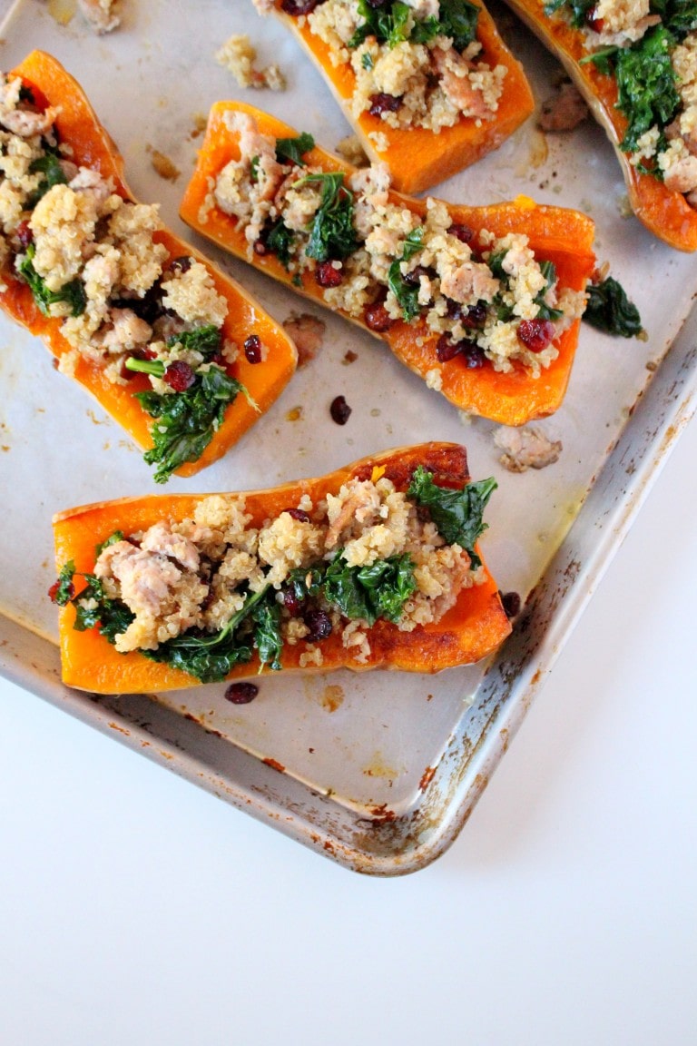 Stuffed Butternut Squash with Quinoa, Sausage & Cranberries
