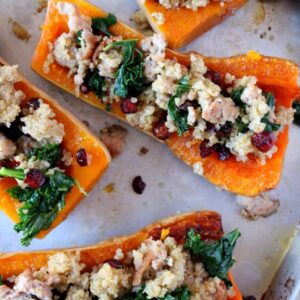 Stuffed Butternut Squash with Quinoa, Sausage & Cranberries