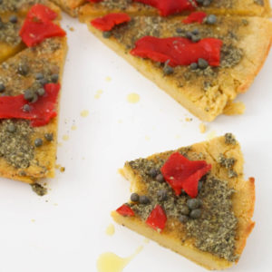 Socca Flatbread with Pesto, Red Peppers & Capers