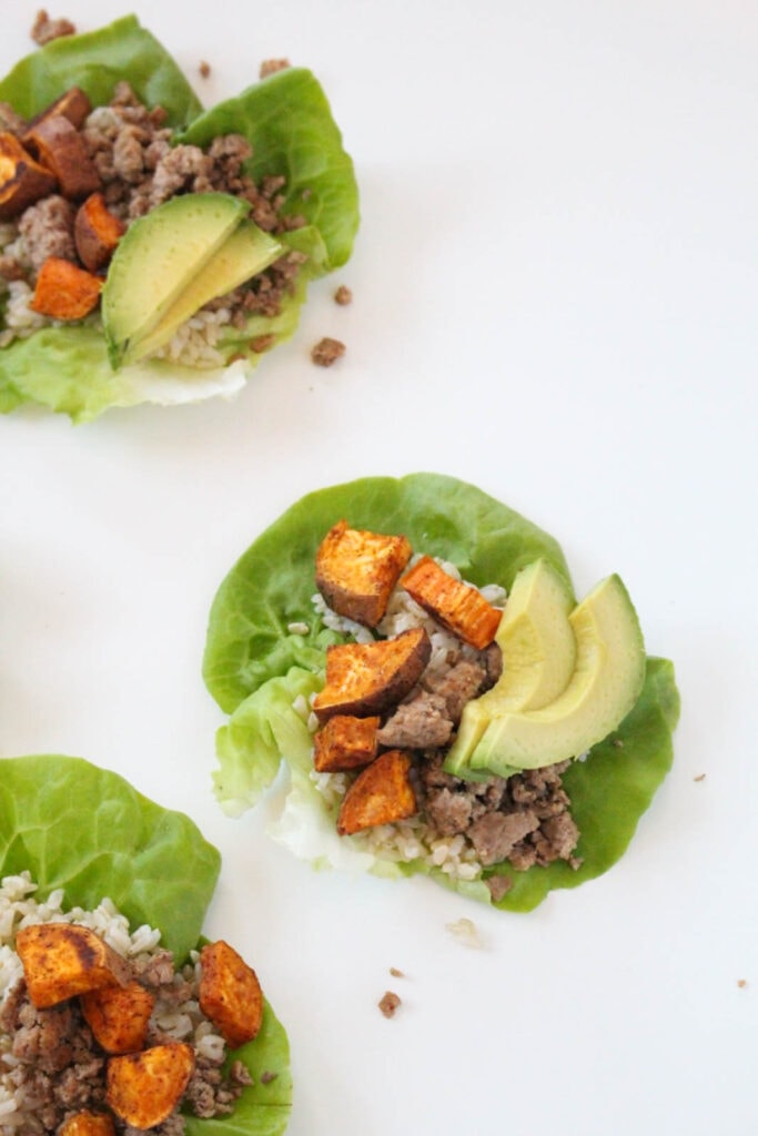 turkey lettuce wraps with coconut rice and sweet potatoes