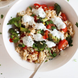 Greek-Style Brown Rice Bowl & Lemon Yogurt Sauce