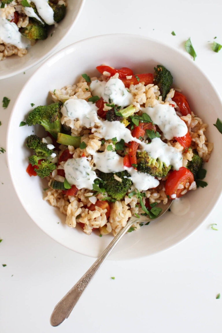 Greek-Style Brown Rice Bowl & Lemon Yogurt Sauce