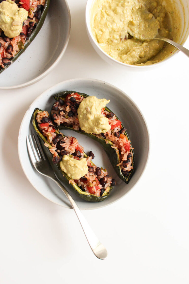 Vegetarian Stuffed Poblanos with Chipotle Avocado Cream Sauce