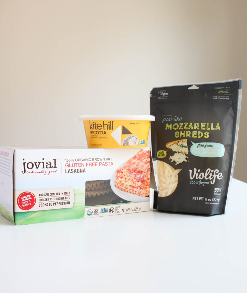 dairy free lasagna ingredients, gluten-free noodles, vegan cheeses