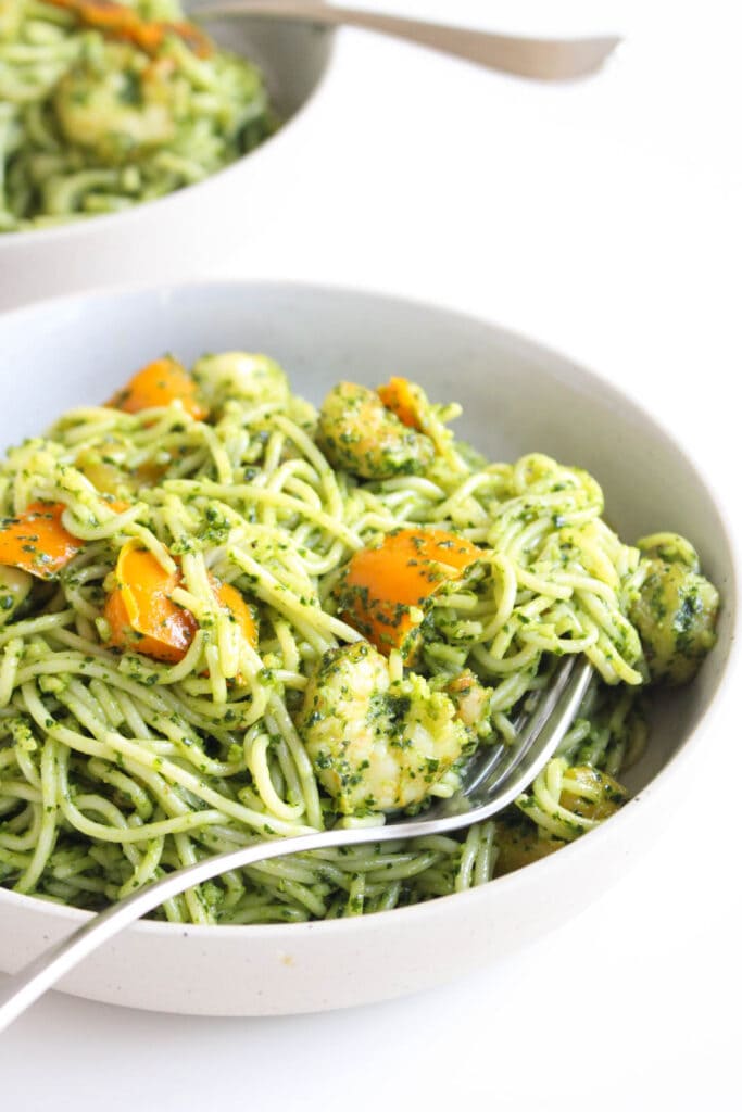 Kale Pesto Pasta with Peppers & Shrimp