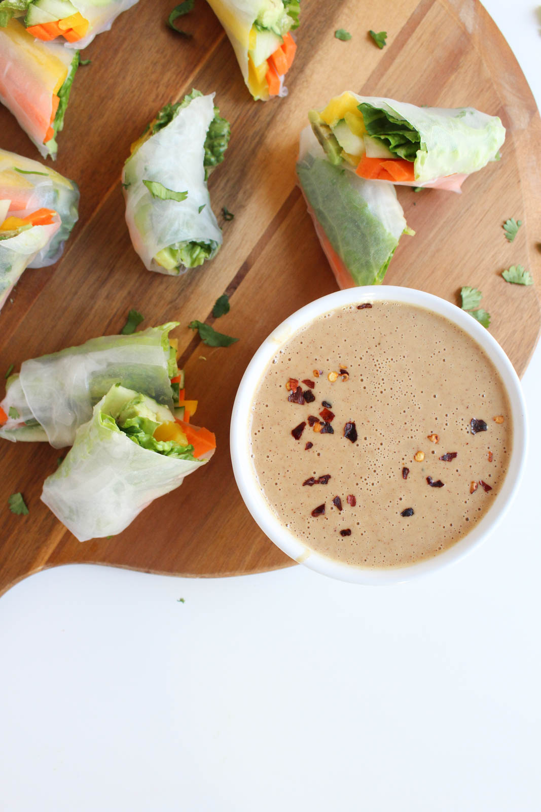 Vegetable Spring Rolls with Spicy Peanut Dipping Sauce - The Wheatless