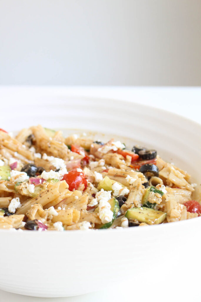 Greek Pasta Salad on serving bowl 